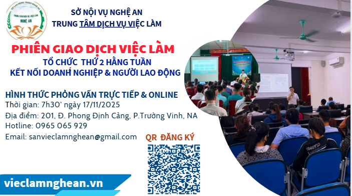 THÔNG BÁO TỔ CHỨC PHIÊN GIAO DỊCH VIỆC LÀM ĐỊNH KỲ TẠI TRUNG TÂM DỊCH VỤ VIỆC LÀM NGHỆ AN