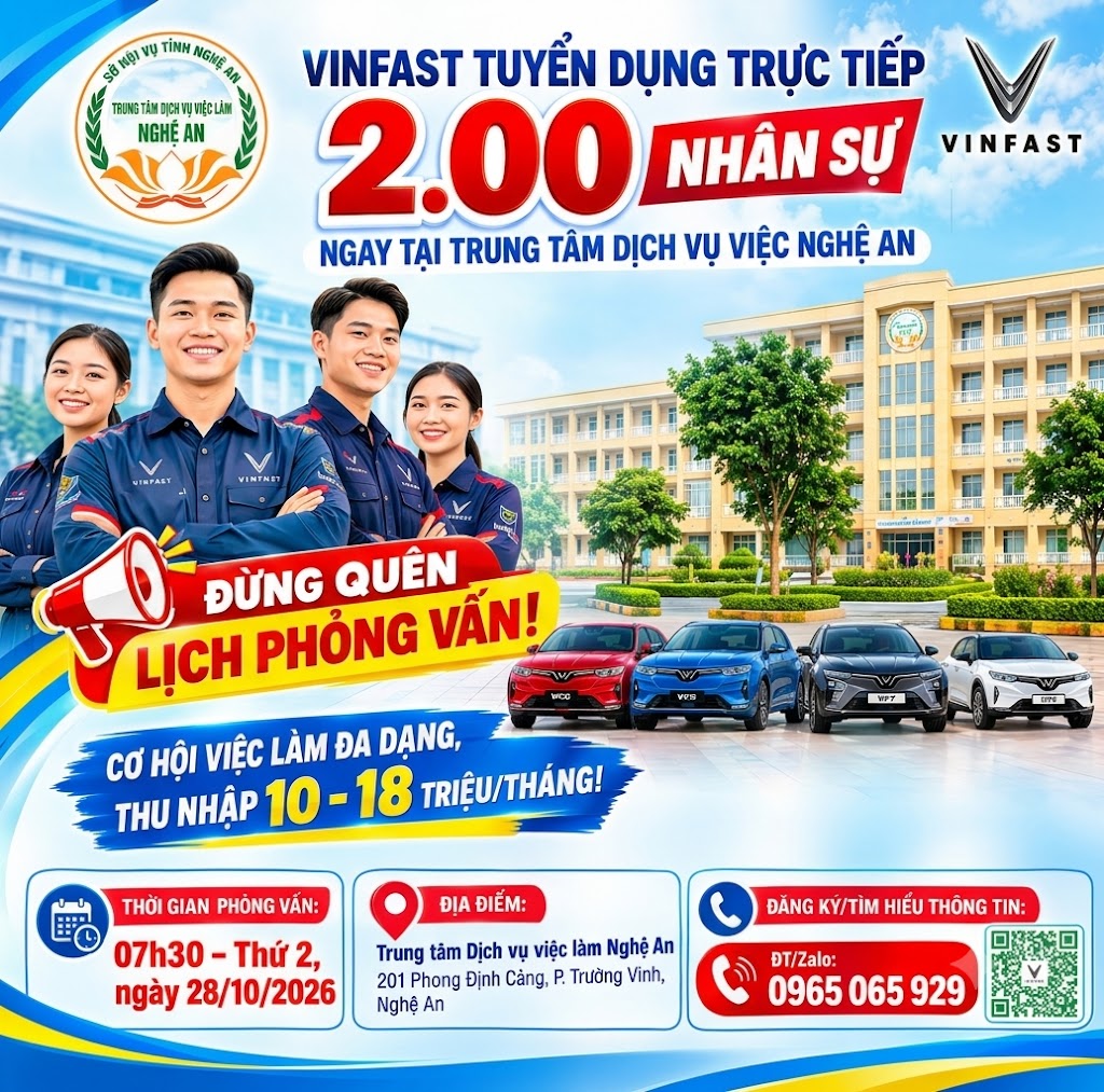 VINFAST TUYỂN DỤNG TRỰC TIẾP 2.000 NHÂN SỰ NGAY TẠI TRUNG TÂM DỊCH VỤ VIỆC LÀM NGHỆ AN